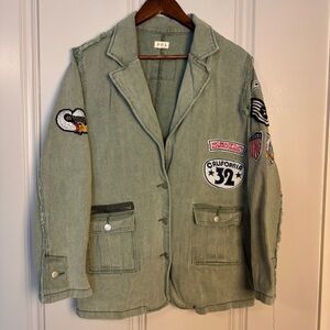 POL Kennedy patched Distressed Long Sleeve Military Jacket in Powder Matcha L